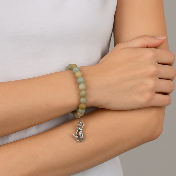 1915- Amazonite Beaded Stretch Bracelet with Silver Mermaid Charm-Calming Stone - Picture 1 of 6